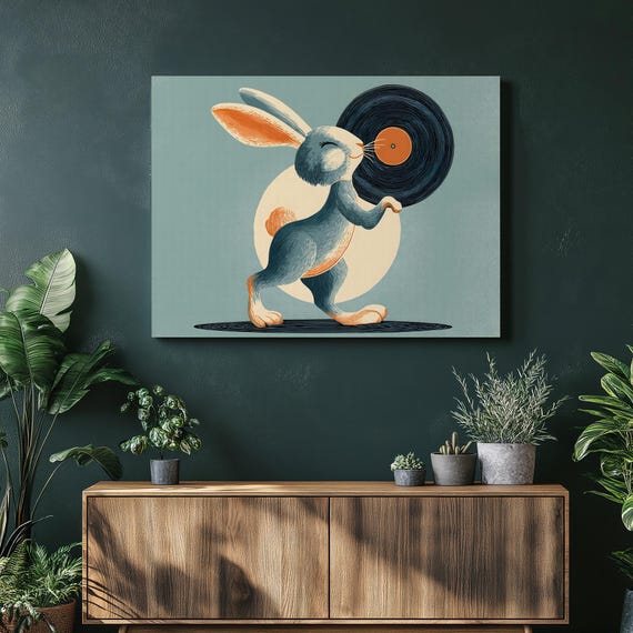 Retro Bunny Canvas Wall Art Mid Century Pop Rabbit Print Vintage Music Decor Vinyl Record Poster Gift For Collectors
