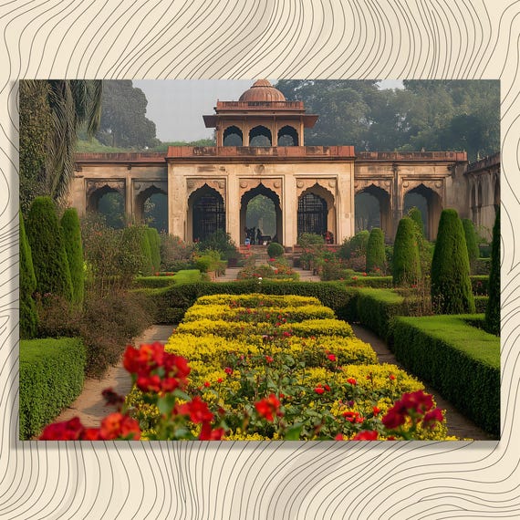 Mughal Garden Pavilion Canvas Wall Art Colorful Floral Landscape Print With Heritage Architecture Arched Dome Stone Pathway Topiary Hedges