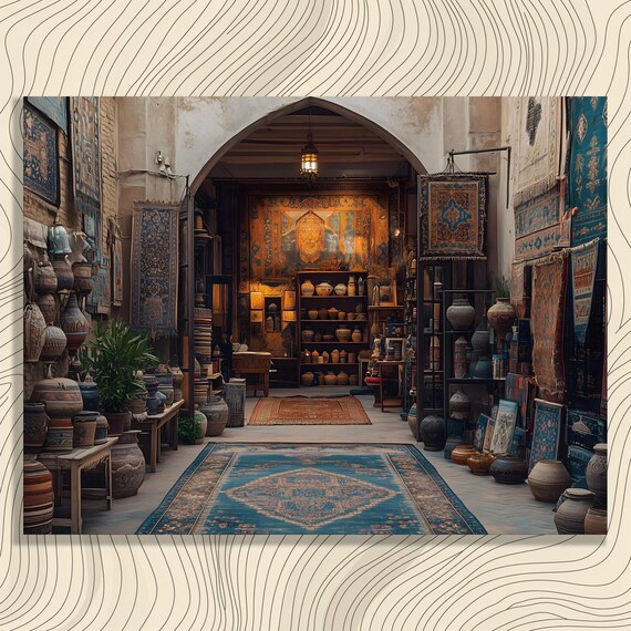Vintage Rug Shop Interior Antique Textiles and Pottery Poster