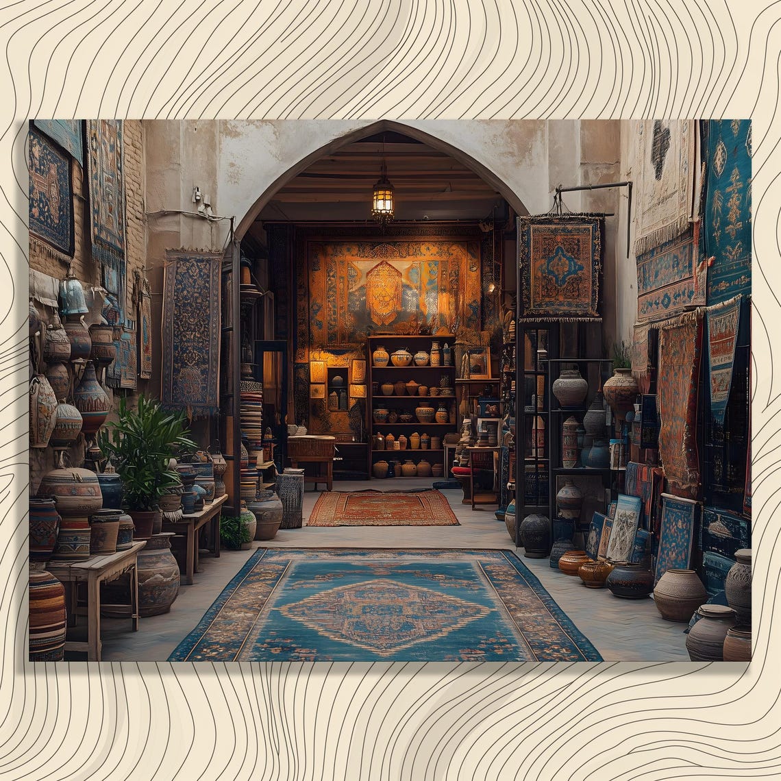 Vintage Rug Shop Interior Antique Textiles and Pottery Poster