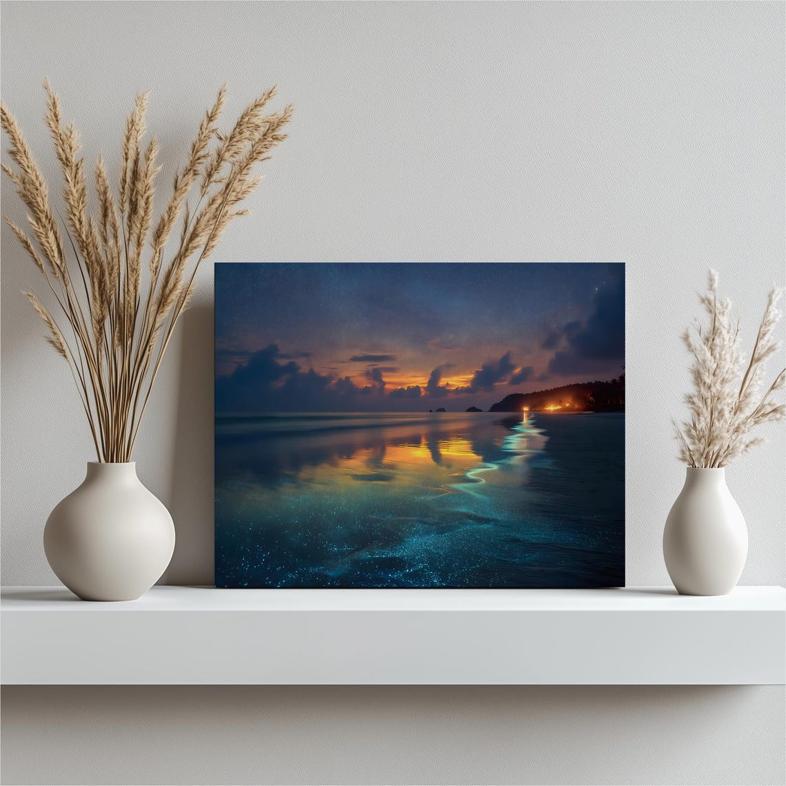 Bioluminescent Beach Canvas Wall Art Starry Sky Night Seascape Coastal Decor Tropical Print Sunset Over Ocean Waves Gift