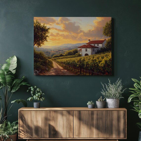 Portugal Vineyard Sunset Rustic Villa Hills Landscape Art Poster