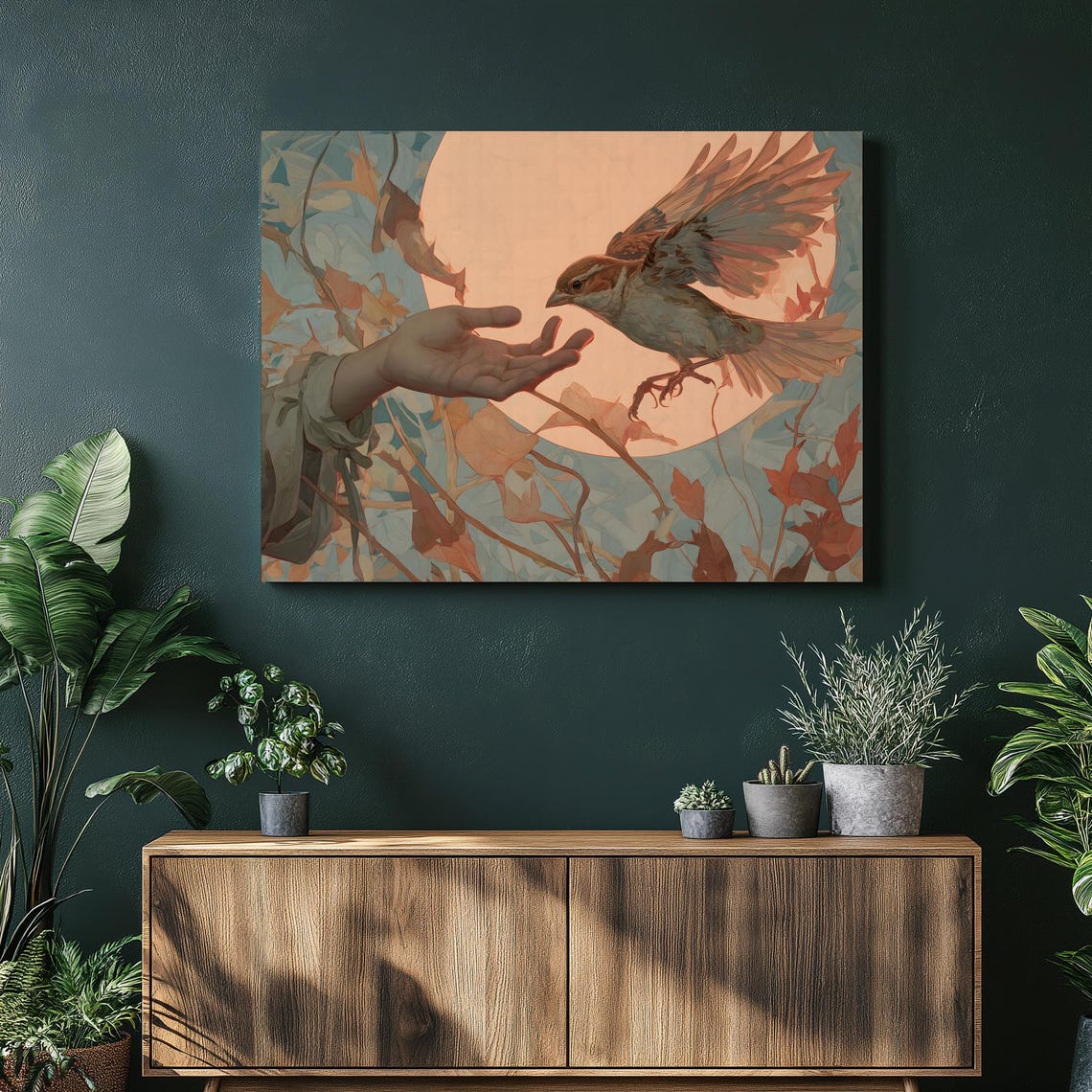 Gentle Sparrow Canvas Wall Art Nature Bird Print Botanical Leaves Decor Sun Moon Illustration Animal Wildlife Aviary