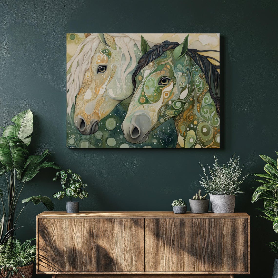 Abstract Two Horses Green Swirl Art Equine Canvas Wall Poster
