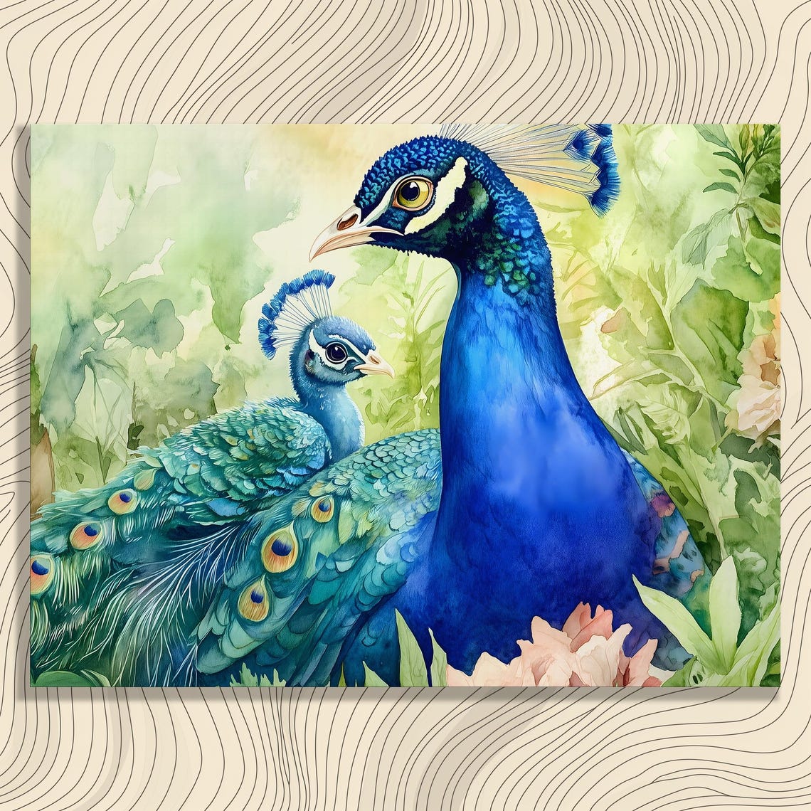 Peacock Pair Watercolor Mother And Chick Green Garden Art Poster