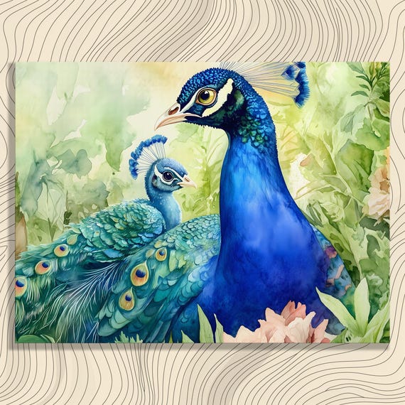 Peacock Family Canvas Wall Art Watercolor Mother And Chick In Lush Garden Botanical Bird Decor Print For Living Room Nursery Office