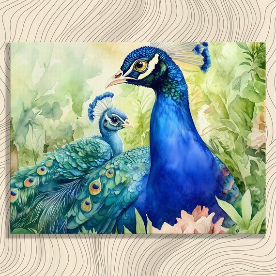 Peacock Pair Watercolor Mother And Chick Green Garden Art Poster