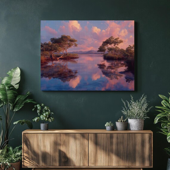 Tropical Sunset Lagoon Mirror Reflection Pink Sky Landscape Poster