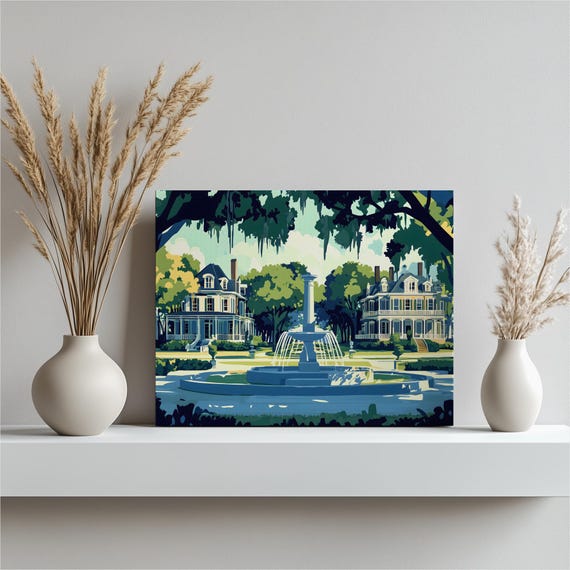 Forsyth Park Fountain Canvas Wall Art Savannahs Victorian Mansions And Oak Trees