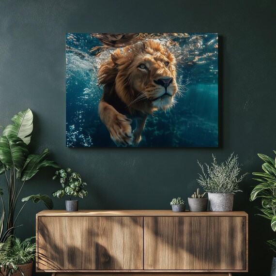 Stunning Lion Canvas Wall Art Underwater Photography Hyper Realistic National Geographic Style Wide Angle Lens Animal Decor
