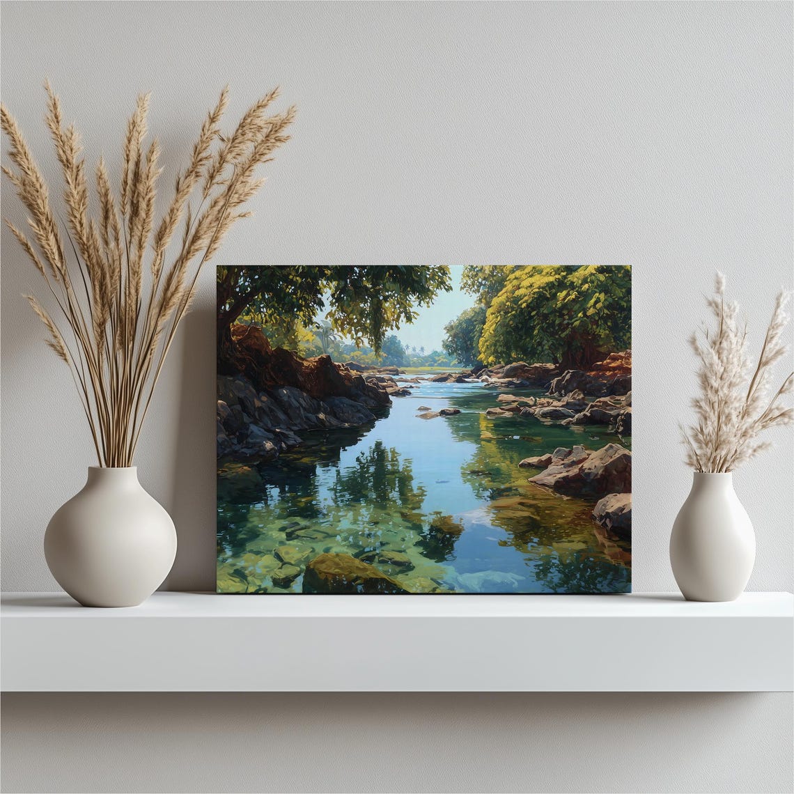 Tropical River Reflections Lush Green Jungle Landscape Poster
