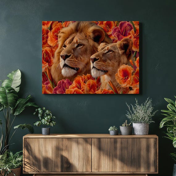Majestic Lion Canvas Wall Art Regal Floral Gift Wildlife Botanical Print Colorful Animal Decor Jungle Nature Illustration