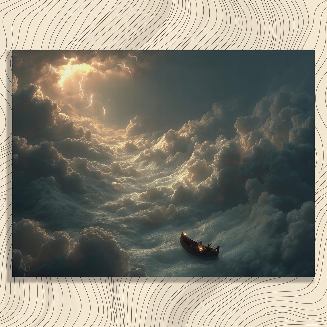 Stormy Sea Clouds With Lantern Boat Lightning Dramatic Sky Art Poster