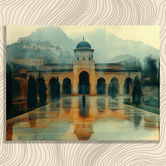 Domed Building Canvas Wall Art Modern Architecture Landscape Painting Mountain Reflection Impressionism Print For Enthusiasts