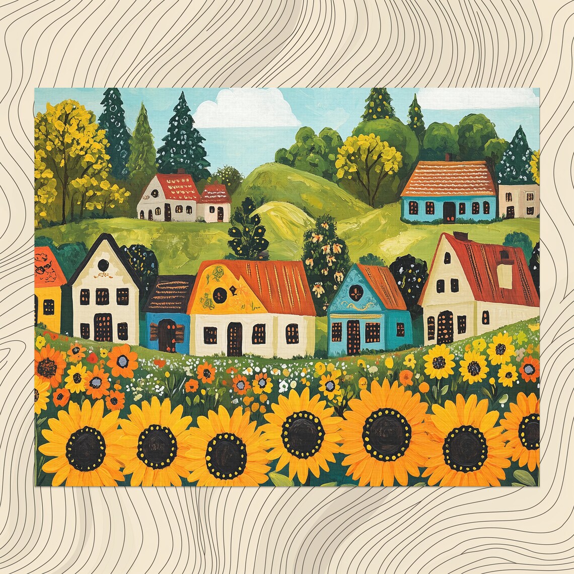 European Folk Village Cottages Sunflowers Naive Art Countryside Poster