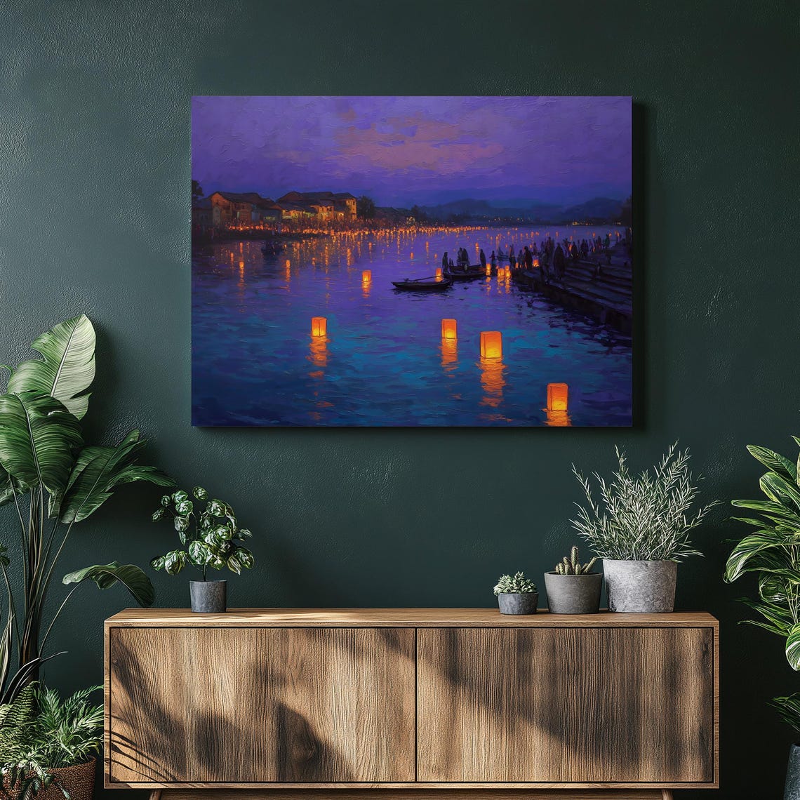 Floating Lanterns on River at Night Purple Sky Festival Art Poster