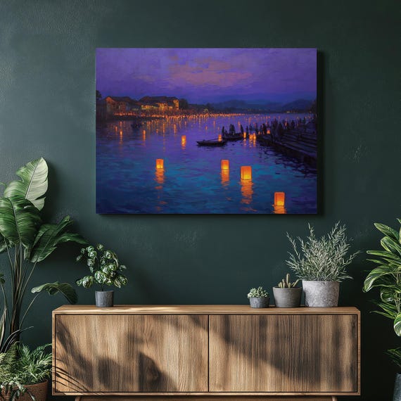 Floating Lantern Festival Canvas Wall Art Serene Nightscape Landscape Oil Painting Print Mystic Water Decor Lake Scene