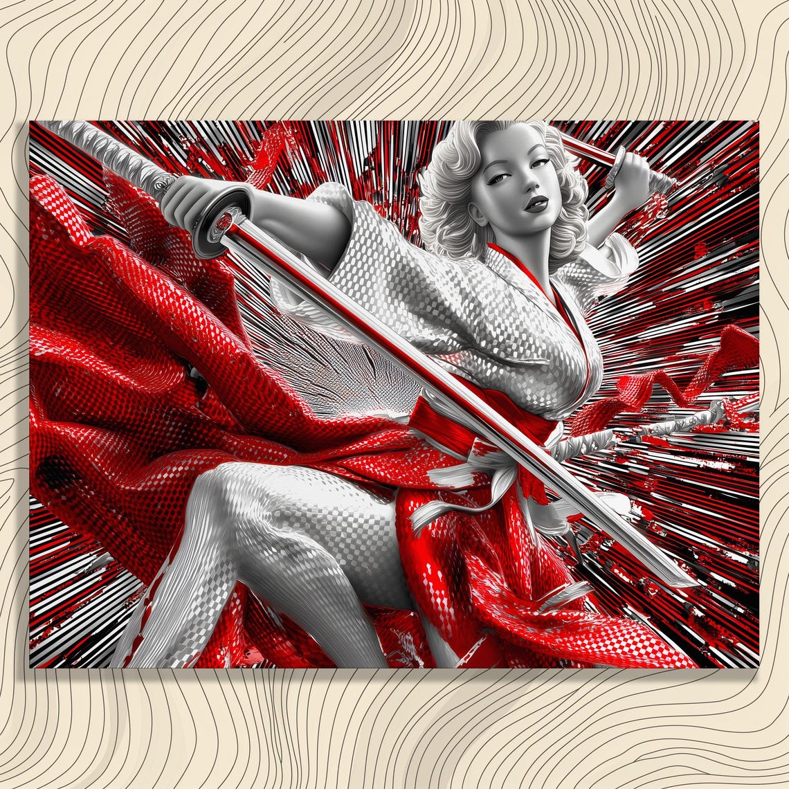 Samurai Canvas Wall Art Female Warrior Sword Portrait Dynamic Pop Katana Print Red White Explosion Decor Modern Pinup Illustration