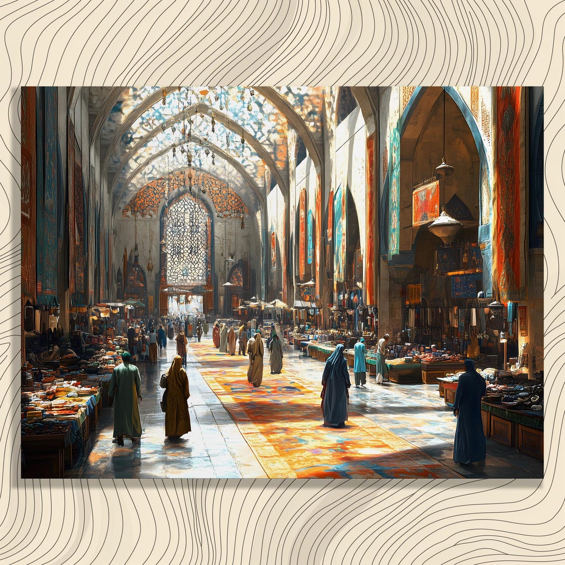 Middle Eastern Bazaar Hall Arched Stalls Busy Market Scene Poster