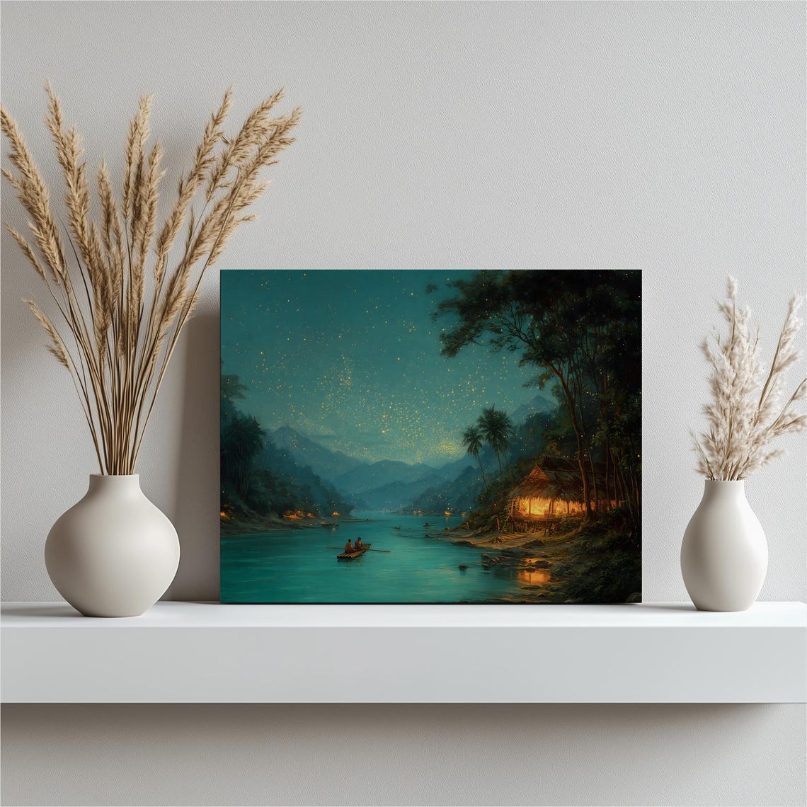 Fireflies Over Night River Hut Canoe Tropical Night Art Print