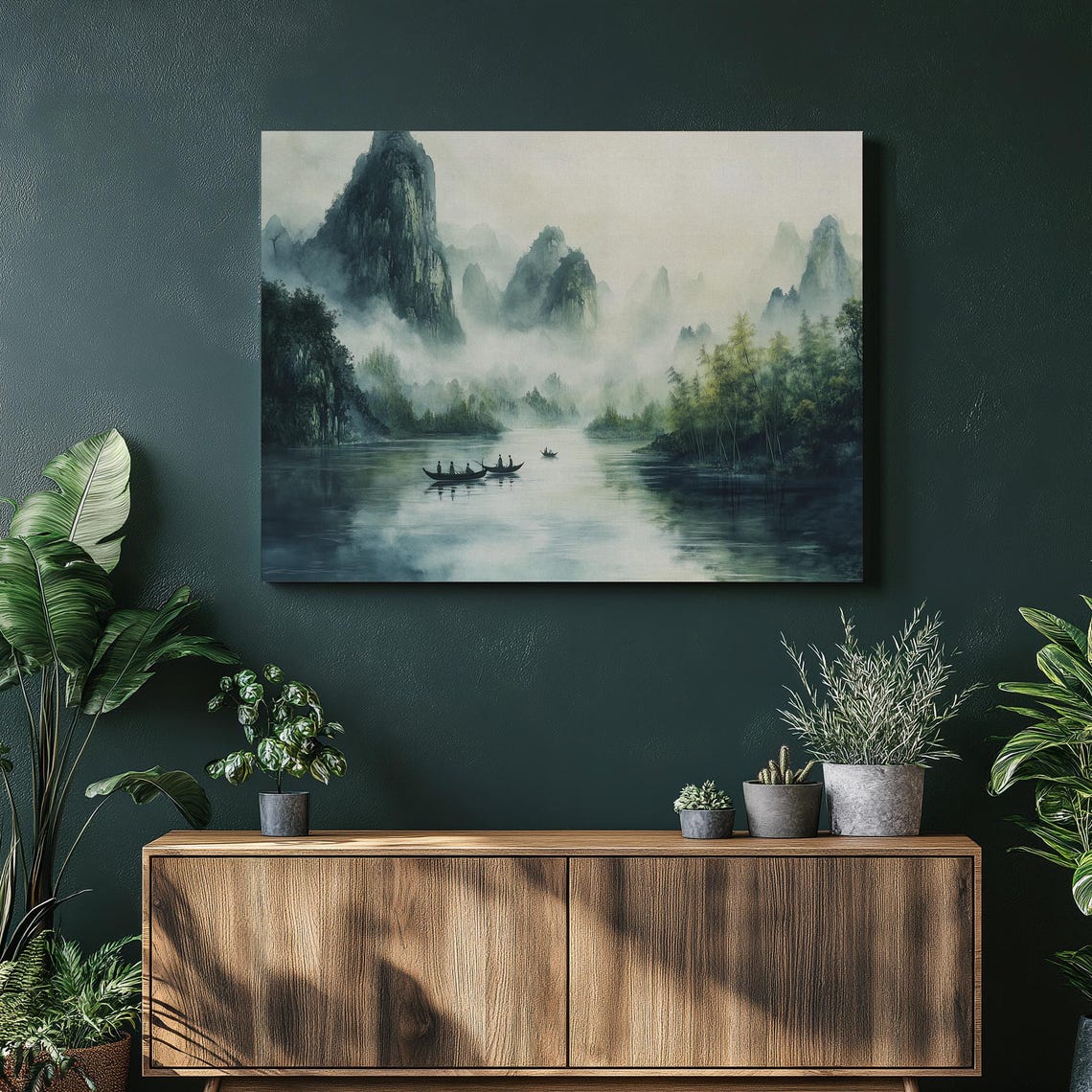 Zen Chinese Ink Wash Misty Mountain River Boats Landscape Poster