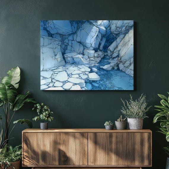 Watercolor Canyon Stream Canvas Wall Art Blue Abstract Landscape Rocky Gorge Nature Print Minimalist Decor Geology Painting Gift