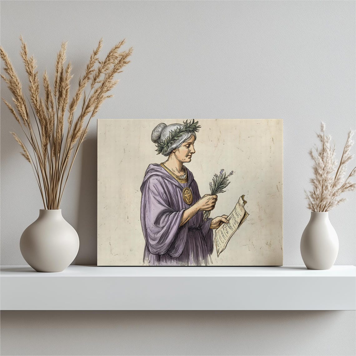 Greek Goddess Canvas Wall Art Classical Lavender Decor Print With Scroll And Laurel Wreath Botanical Vintage Antique Illustration