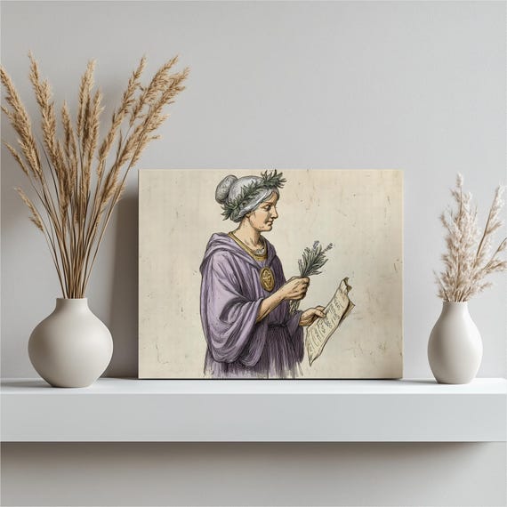 Greek Goddess Canvas Wall Art Classical Lavender Decor Print With Scroll And Laurel Wreath Botanical Vintage Antique Illustration