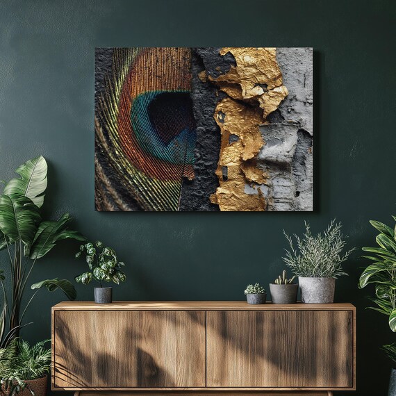 Peacock Feather Canvas Wall Art Abstract Gold Leaf Texture Modern Metallic Decor Print Elegant Luxury Colorful Nature Inspired