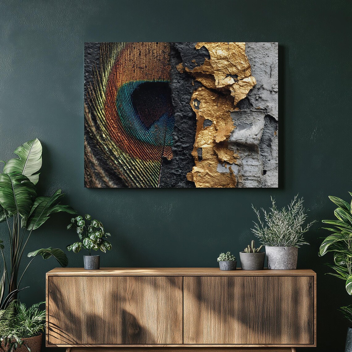 Peacock Feather Canvas Wall Art Abstract Gold Leaf Texture Modern Metallic Decor Print Elegant Luxury Colorful Nature Inspired