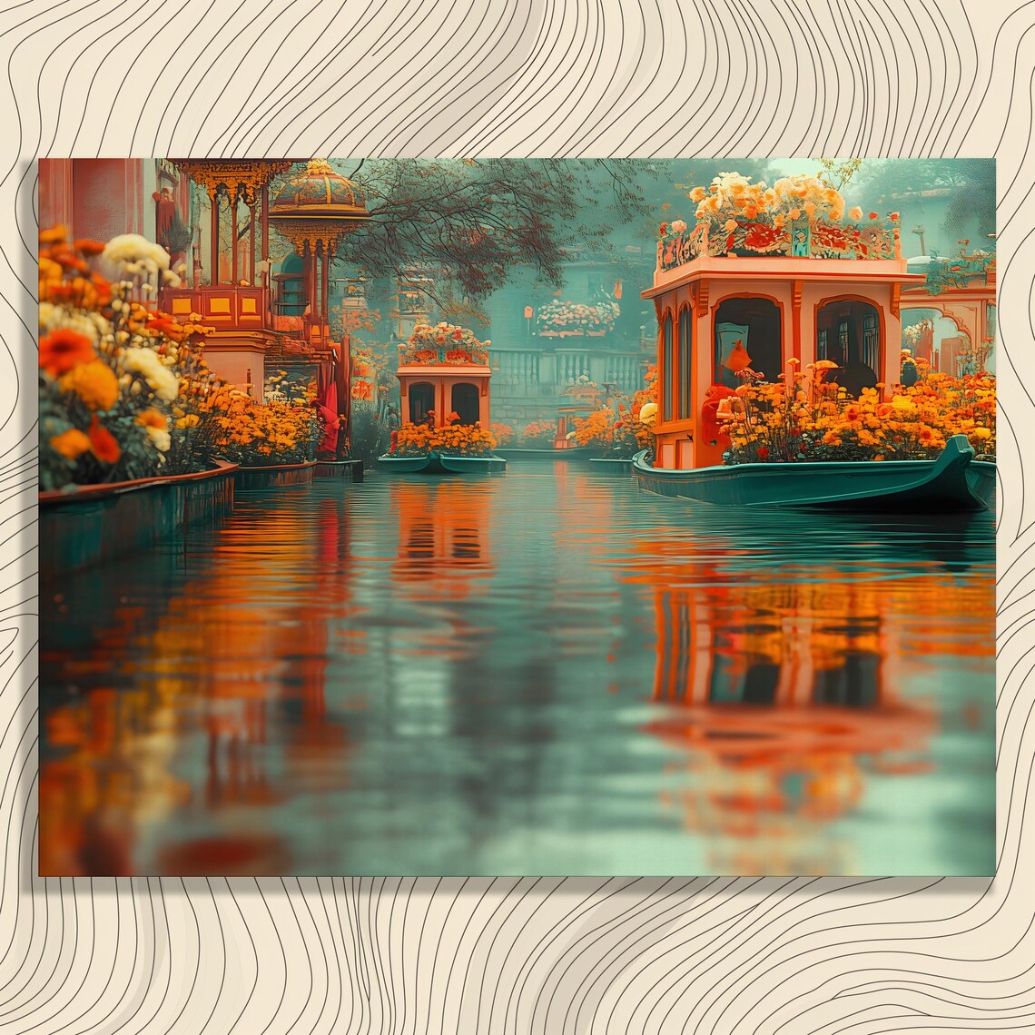 Flower Covered Boats on Misty Canal Reflection Romantic Watercolor Poster