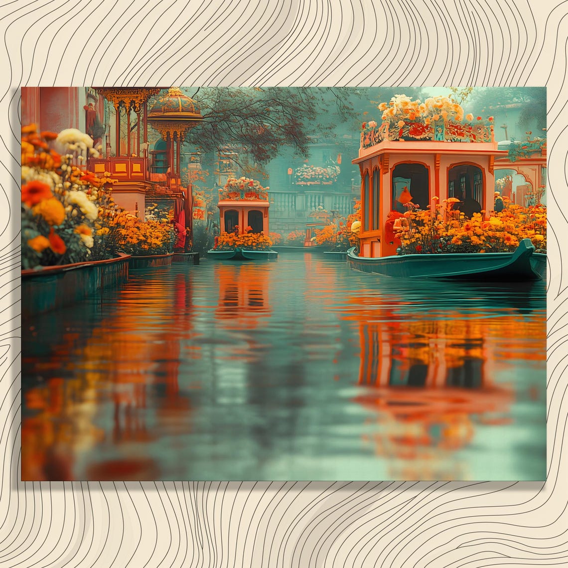 Vibrant Canal Scene Canvas Wall Art Misty Watercolor Painting Of Boats With Colorful Floral Arrangement Nature Print Decor Gift