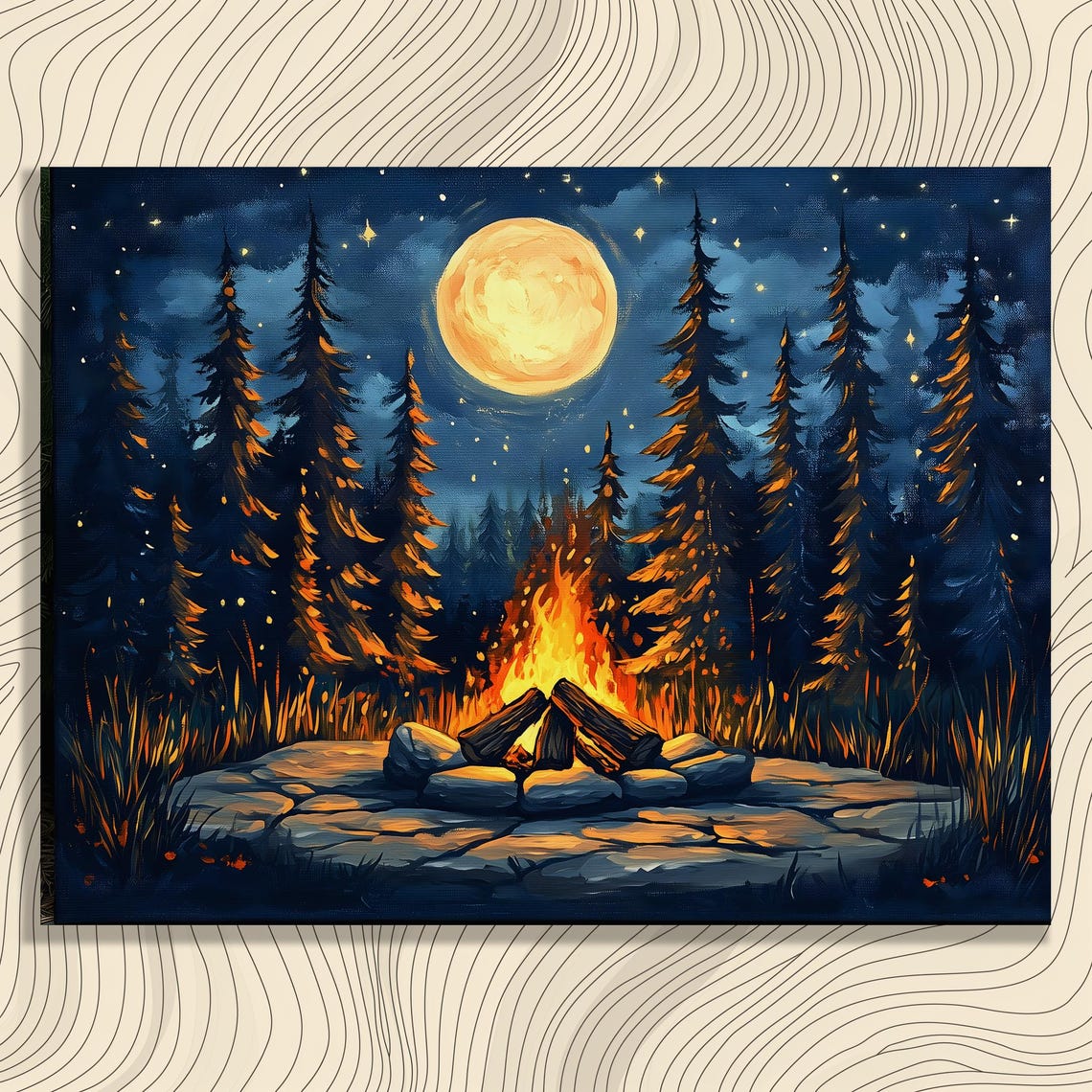 Campfire Night Poster Full Moon Forest Stars Cozy Woodland Canvas Art