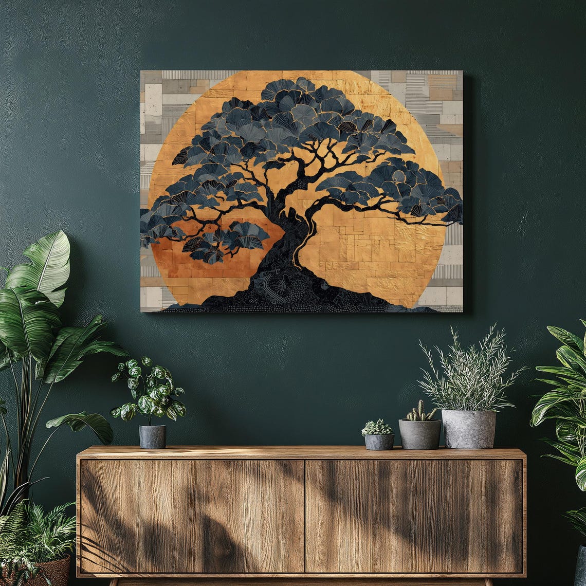 Dark Bonsai Tree with Golden Sun Mosaic Patchwork Art Poster
