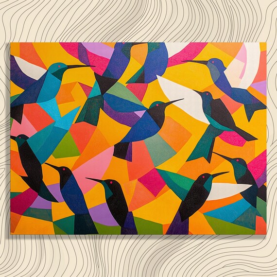Geometric Hummingbirds Canvas Wall Art Colorful Bird Flock Print Modern Wildlife Decor Vibrant Abstract Birds Statement Piece Large Size