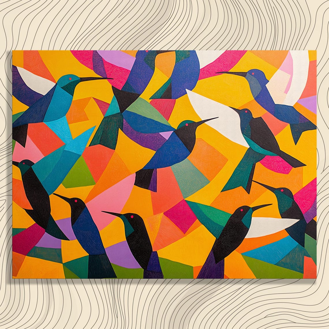 Geometric Hummingbird Flock Colorful Bold Modern Bird Art Poster