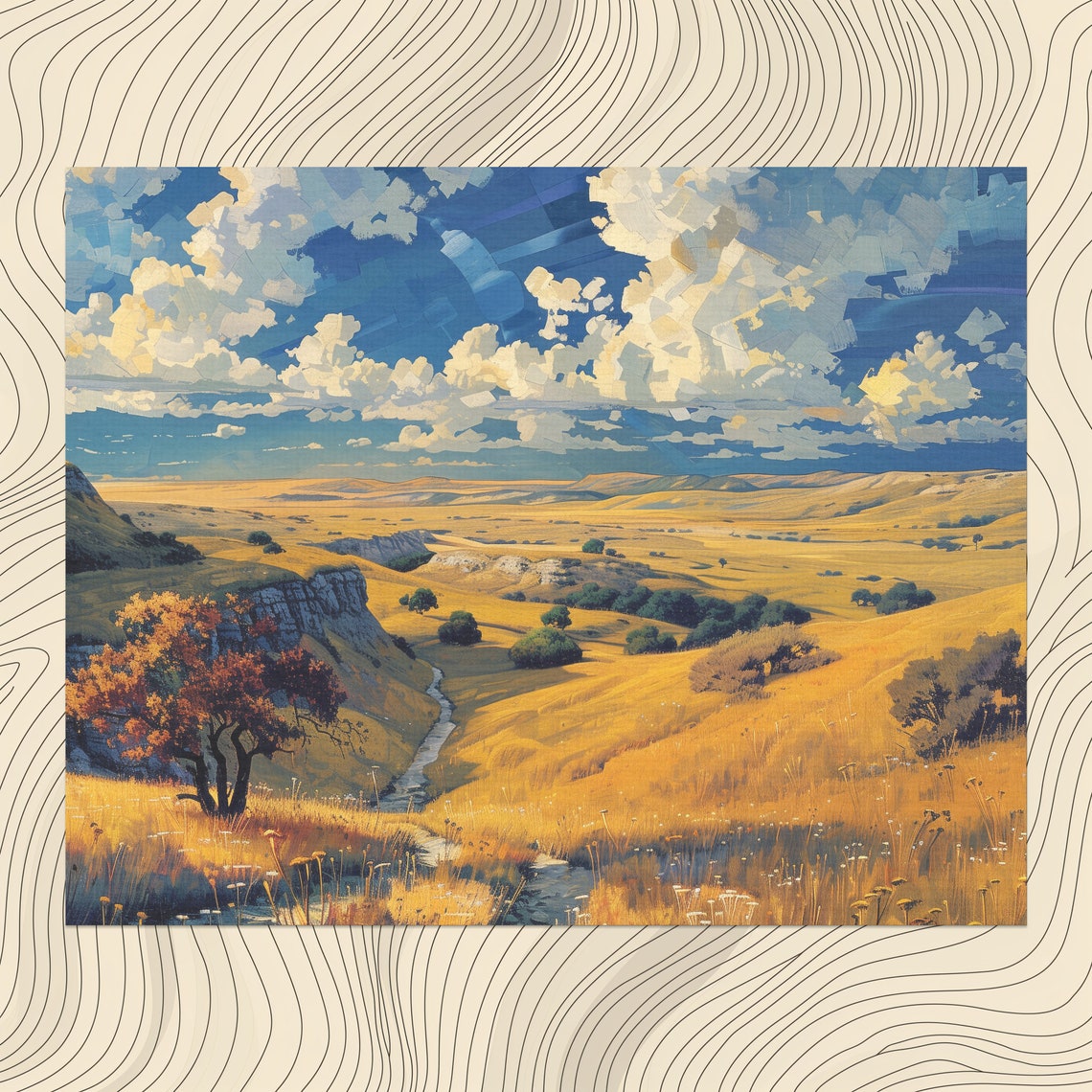 Nebraska Golden Prairie Rolling Hills Creek Landscape Poster