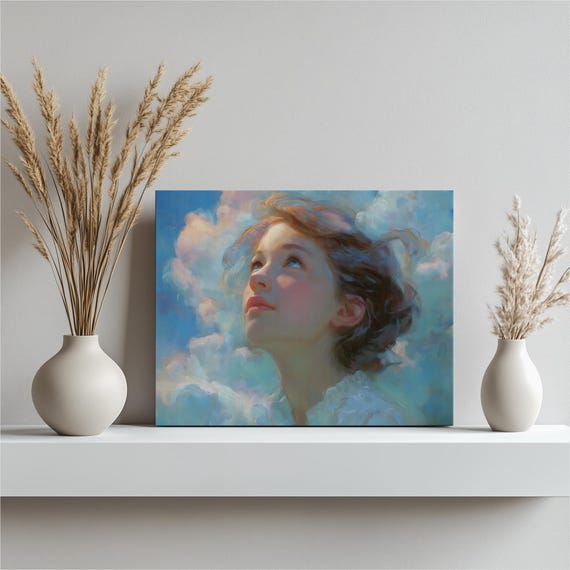 Dreamy Portrait Canvas Wall Art Ethereal Oil Style Sky Print With Pastel Clouds Modern Impressionism Female Decor Gift For Her