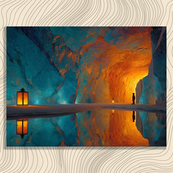 Enchanted Cave Canvas Wall Art Mystical Cavern Lantern Reflection With Moody Water Decor Blue Orange Underground Adventure