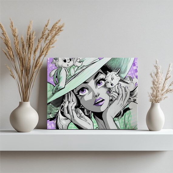 Pop Art Woman with Big Green Hat and Two Kittens Retro Art Print