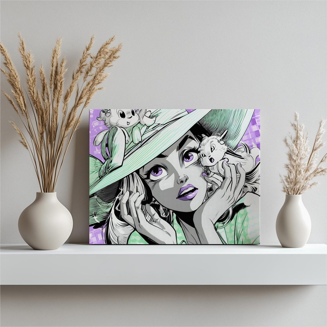 Pop Art Woman with Big Green Hat and Two Kittens Retro Art Print