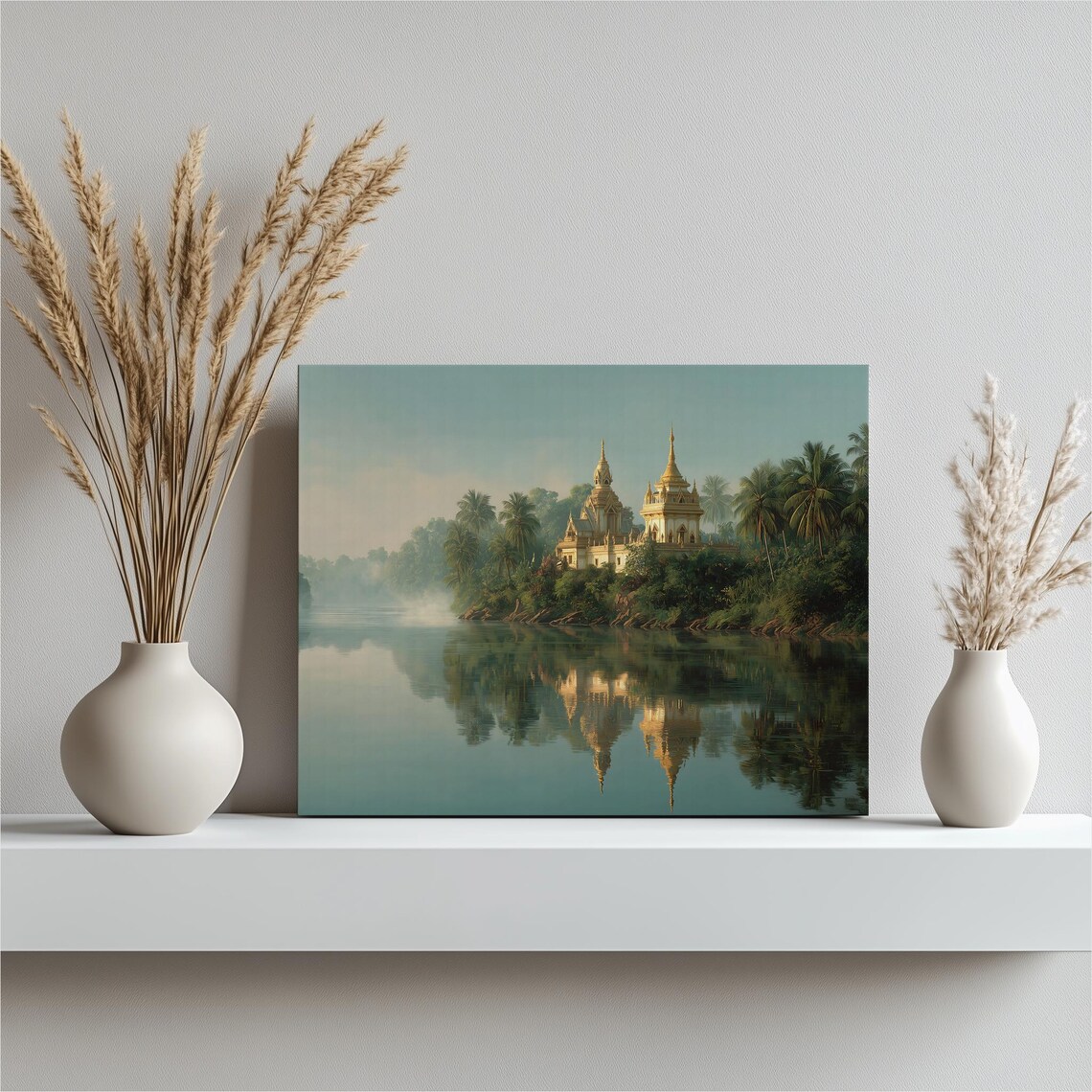 Golden Pagoda Temple Reflected in a Calm Misty River Morning Poster