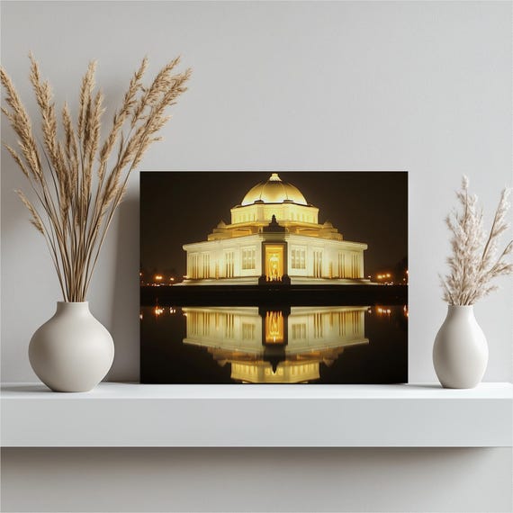 Night Architecture Canvas Wall Art Modern Domed Mausoleum Painting Reflection Print Architectural Decor Symmetry Sky Gift