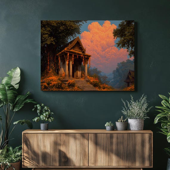 Temple Garden Sunset Canvas Wall Art Colorful Asian Floral Landscape Print Botanical Cloudscape Painting Vibrant Shrine Decor Gift