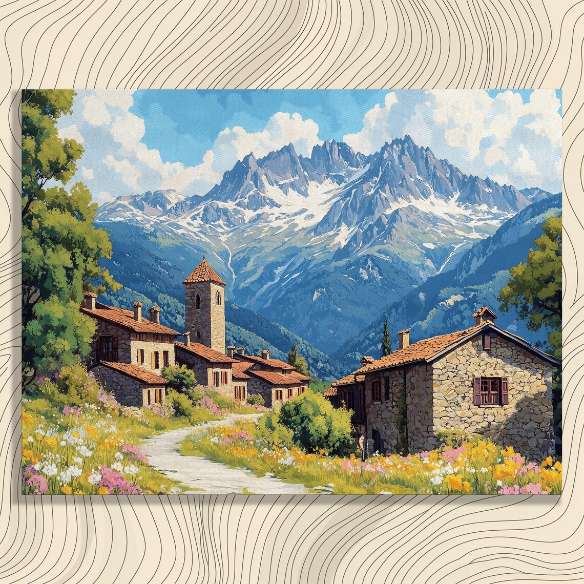 Stone Mountain Village Church Snow Peaks Wildflower Meadow Poster