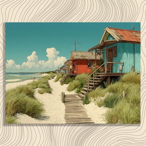 Colorful Beach Huts Boardwalk Illustration Turquoise Shacks Coastal Poster