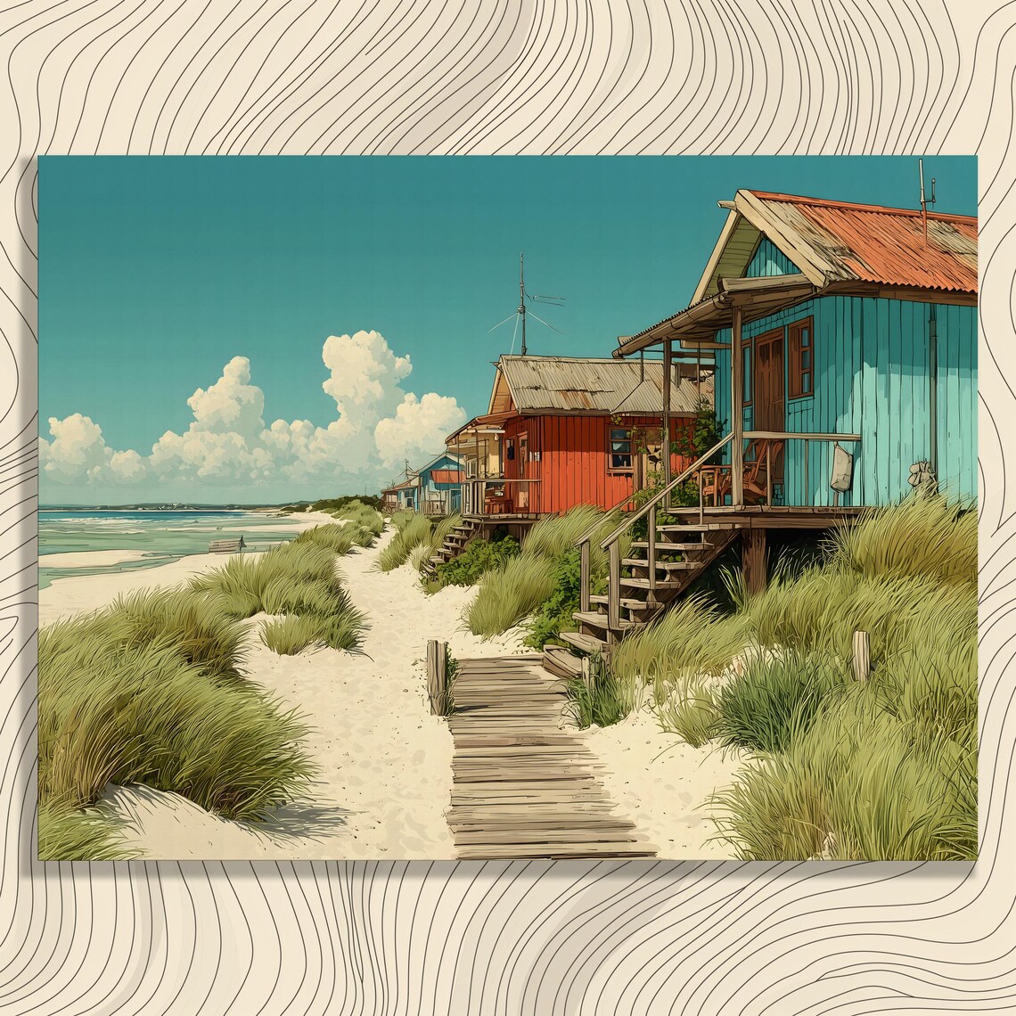 Colorful Beach Huts Boardwalk Illustration Turquoise Shacks Coastal Poster