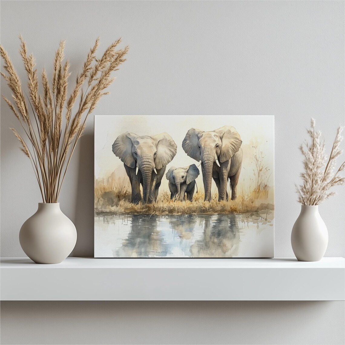 Serene Elephant Family at Watering Hole Watercolor Calm Wildlife Decor Wall Art