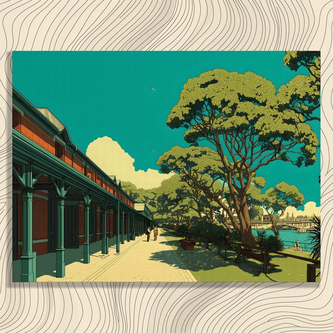 Historic Tree Lined Riverside Walkway Brick Colonnade Teal Sky Poster