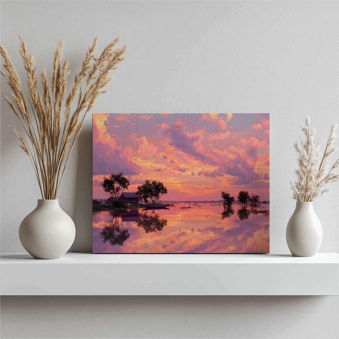 Tropical Stilt House Canvas Wall Art Golden Sunset Lake Decor Print